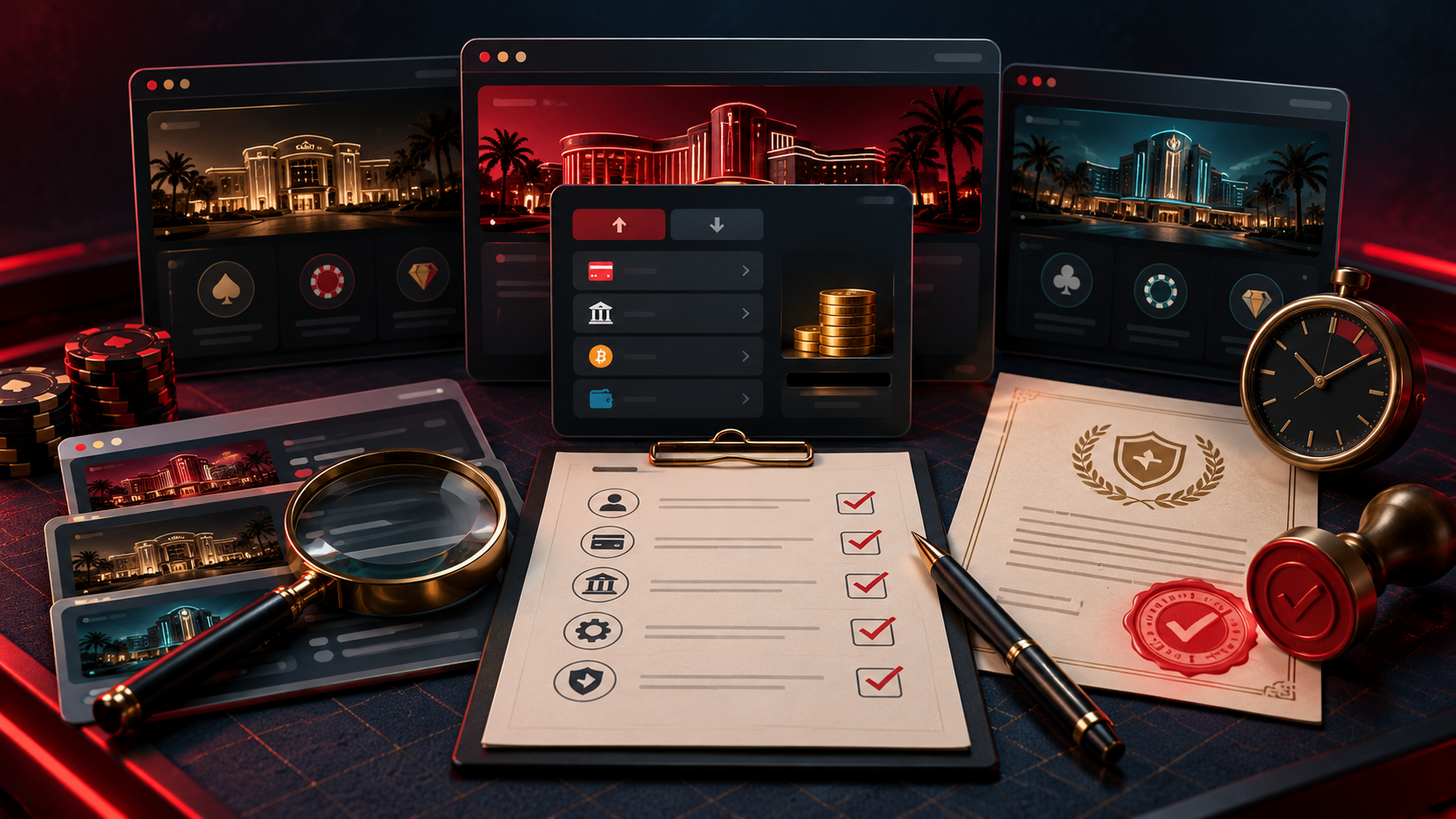 Casino account, cashier and licence details arranged for a comparison check
